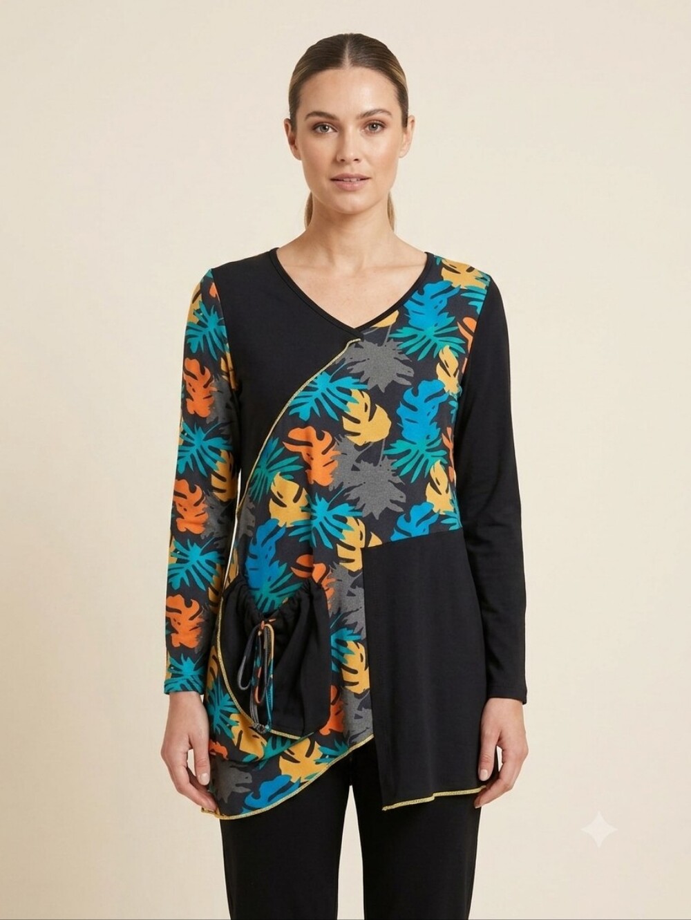 Parsley & Sage Asymmetrical Monstera Palm Leaf Cotton Knit Tunic Top Small Boho